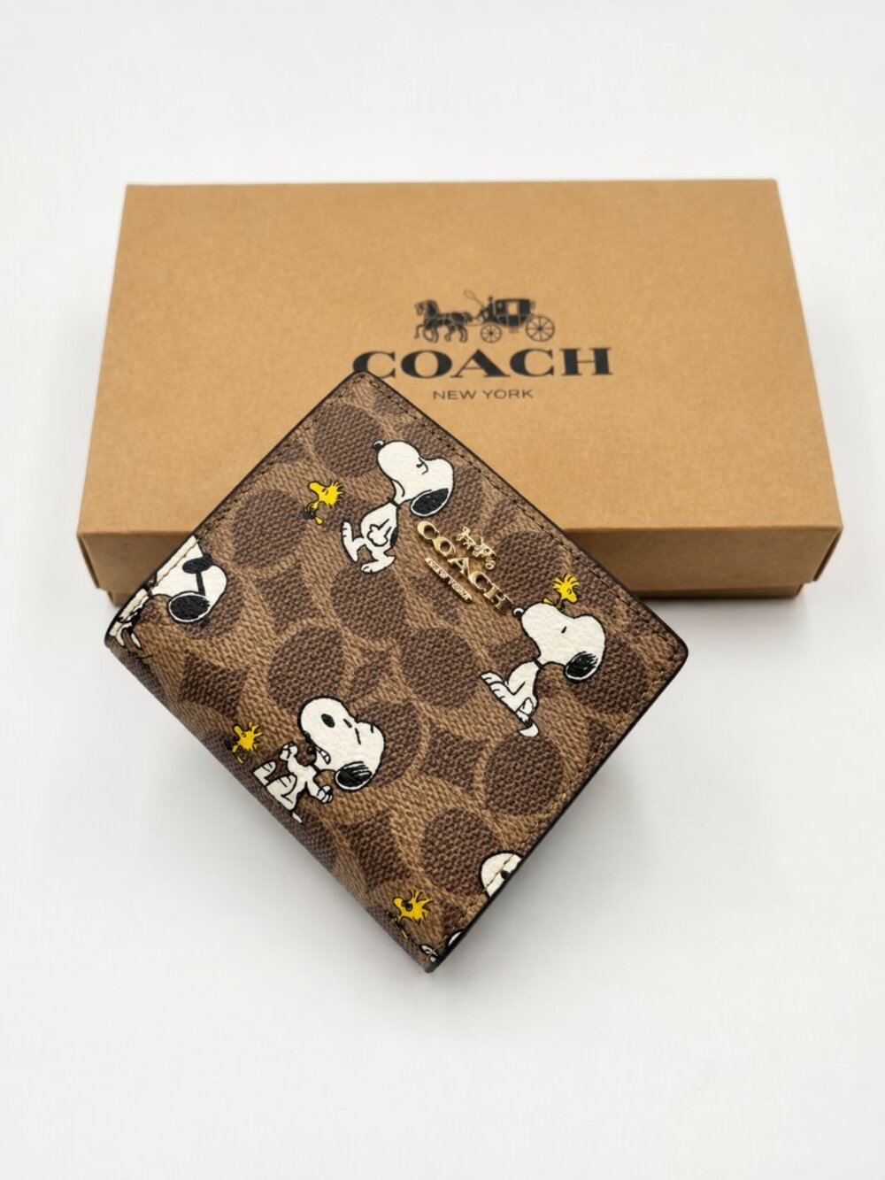 Coach x Peanuts Snoopy Snap Wallet Signature Canvas CBN32 NWT Brown